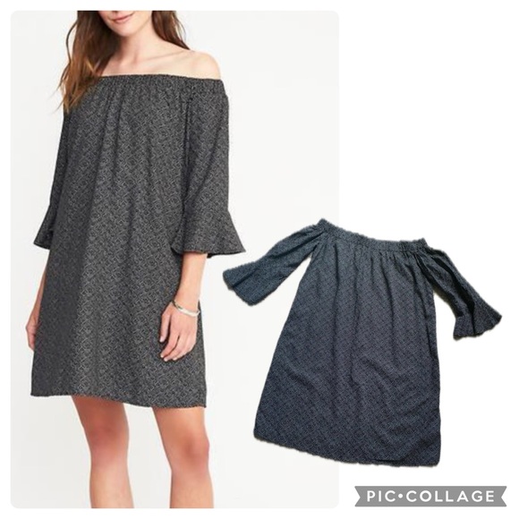 Old Navy Off-Shoulder Black Geo Print Bell Sleeve Dress - Picture 1 of 6